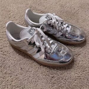 Adidas Women's Metallic Silver and White Sambas Sneakers